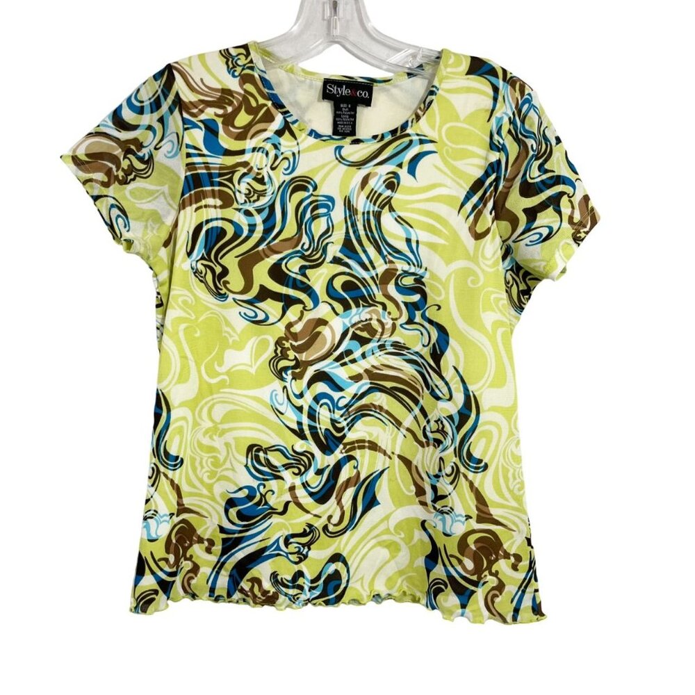 Vintage Y2K Funky Print Mesh Lettuce Hem Short‎ Sleeve Top - Size Small